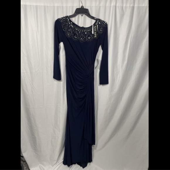 NWD XSCAPE Beaded Neck Long Sleeve Ruched Gown 2 - Picture 5 of 12